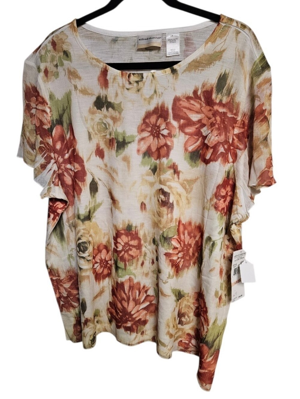 Alfred Dunner Cream Floral Short Sleeve Blouse with Rust & Green Accents